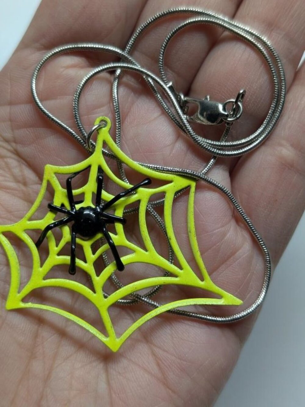 Vintage Halloween Black Resin Spider on a Yellow Spider Web Pendant Necklace